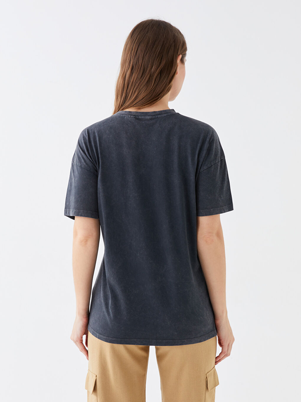 Gri Bisiklet Yaka Minnie Mouse Baskılı Kısa Kollu Hamile Tişört-4