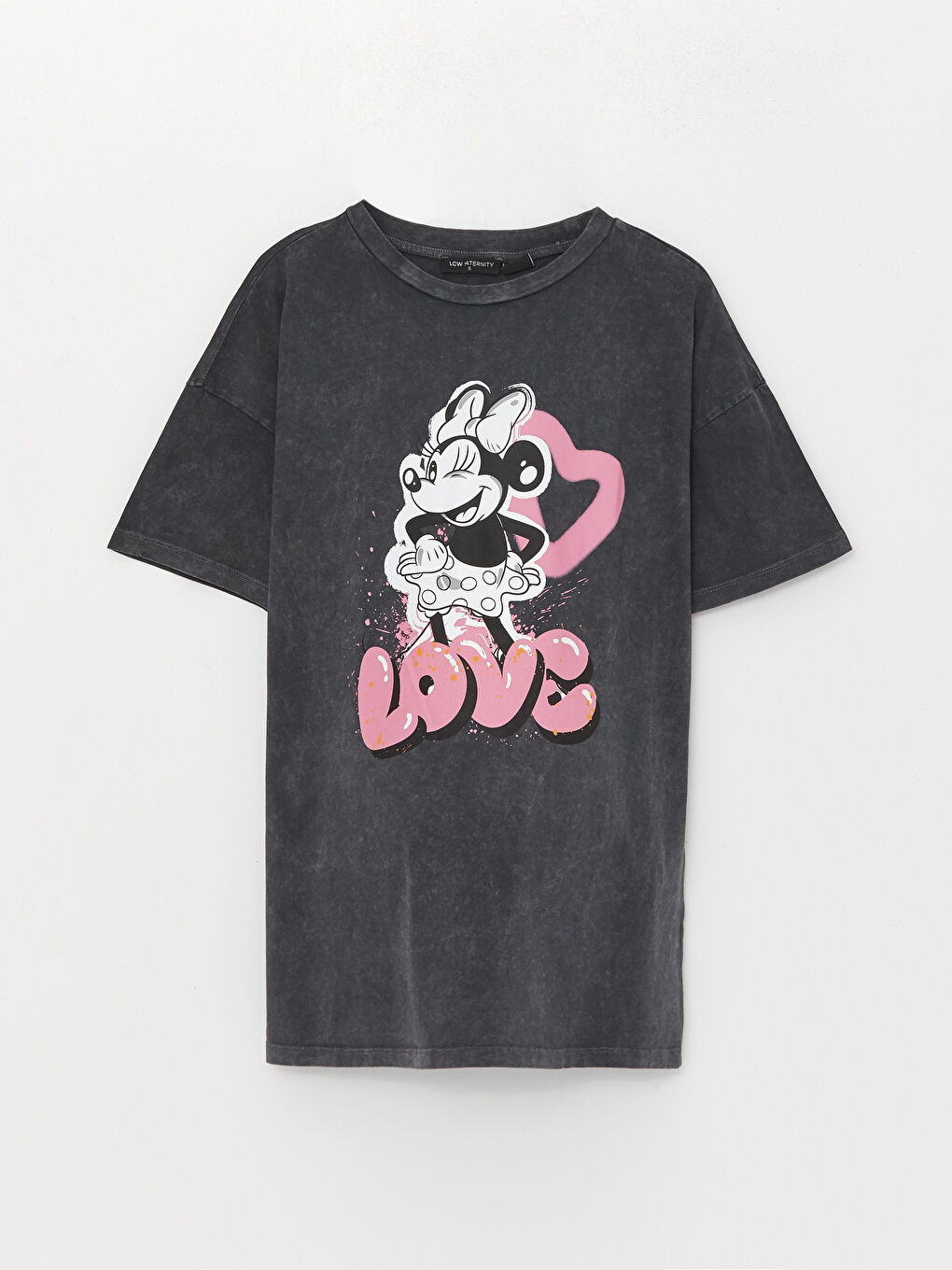 Gri Bisiklet Yaka Minnie Mouse Baskılı Kısa Kollu Hamile Tişört-5