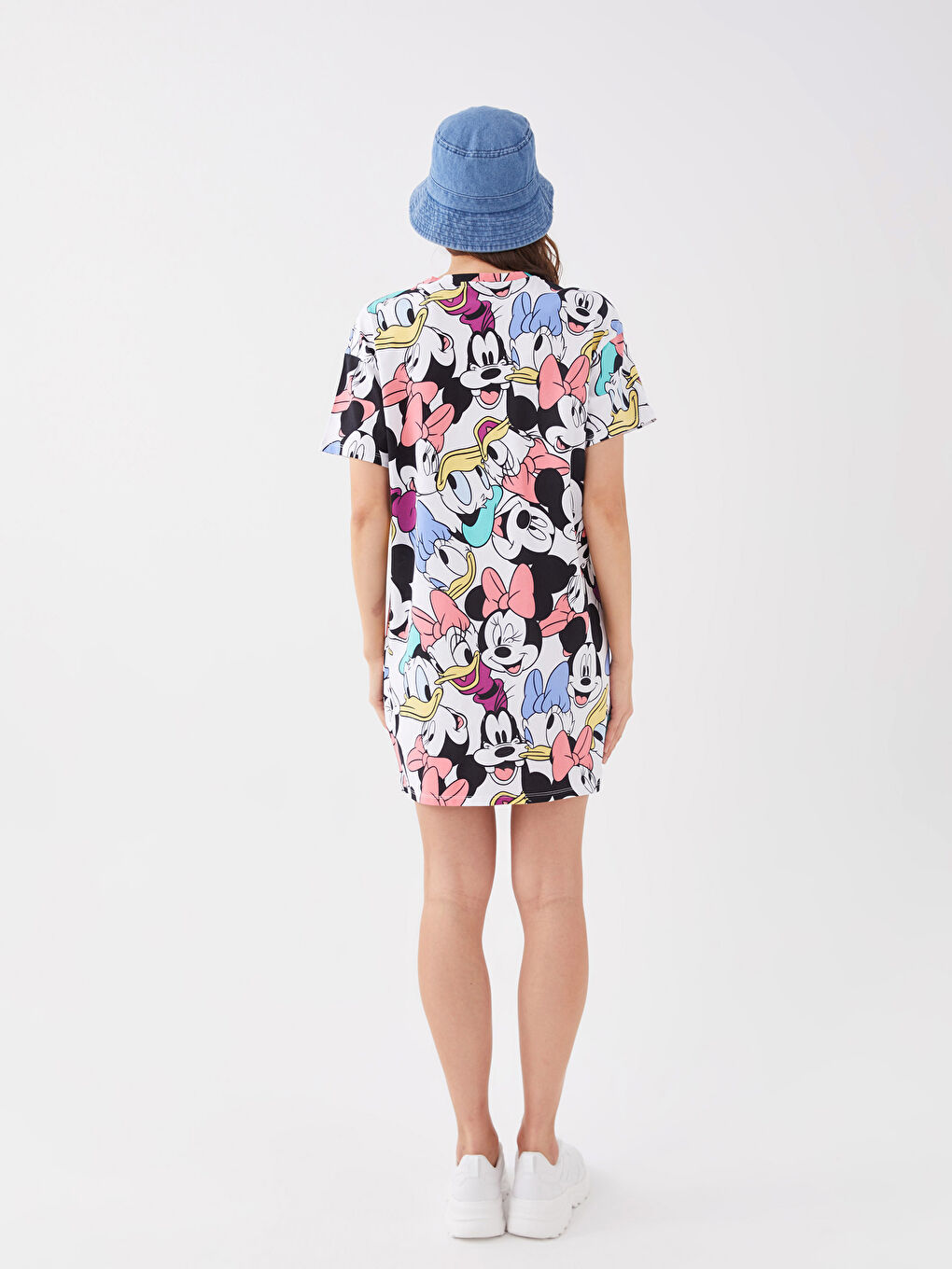 Beyaz Bisiklet Yaka Mickey Mouse Baskılı Kısa Kollu Kadın Elbise-4