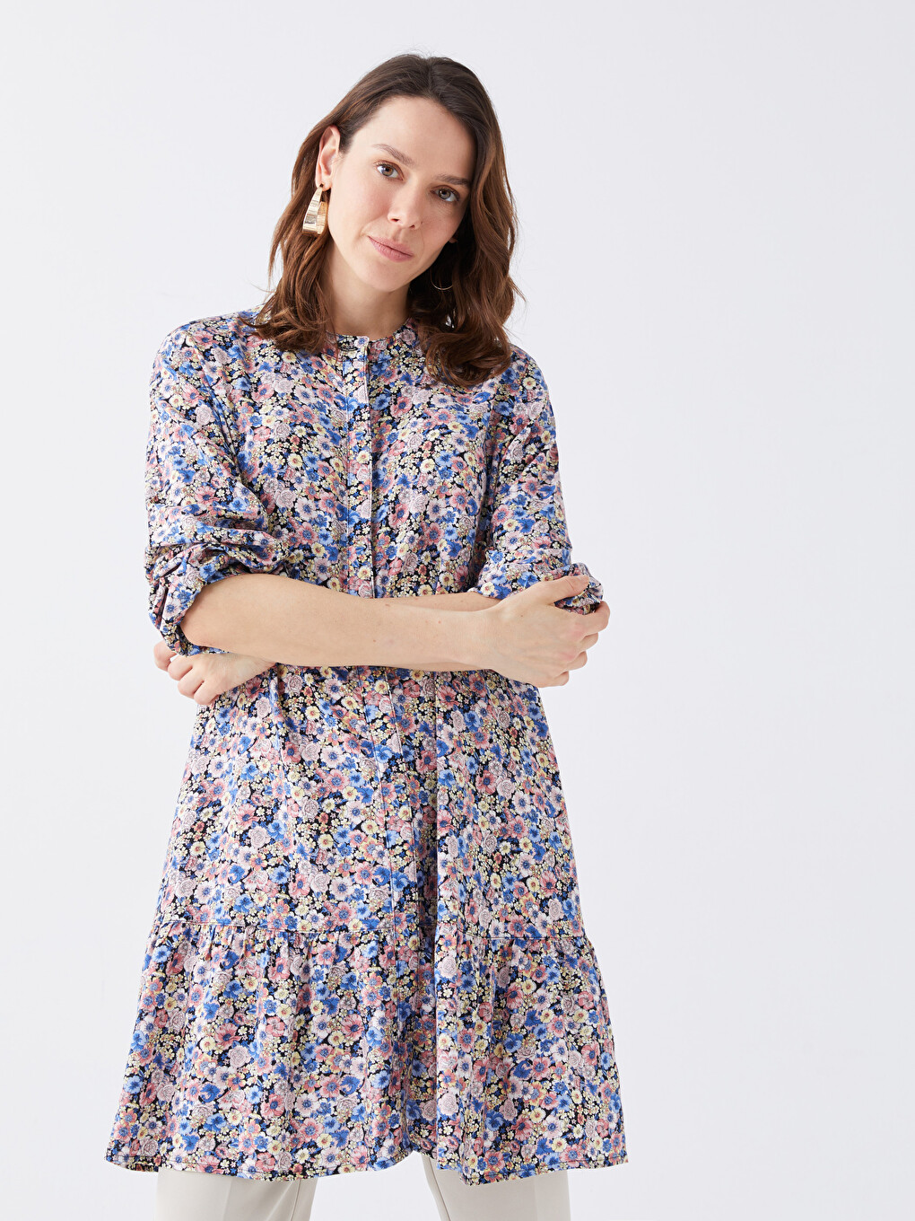 Grandad Collar Floral Long Sleeve Women's Tunic