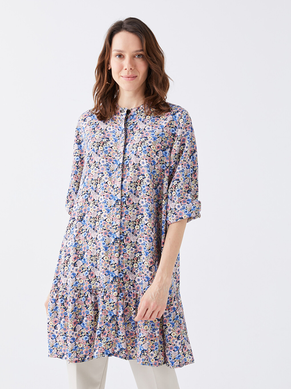 Grandad Collar Floral Long Sleeve Women's Tunic-1