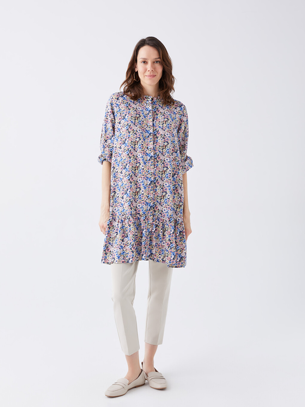 Grandad Collar Floral Long Sleeve Women's Tunic-2