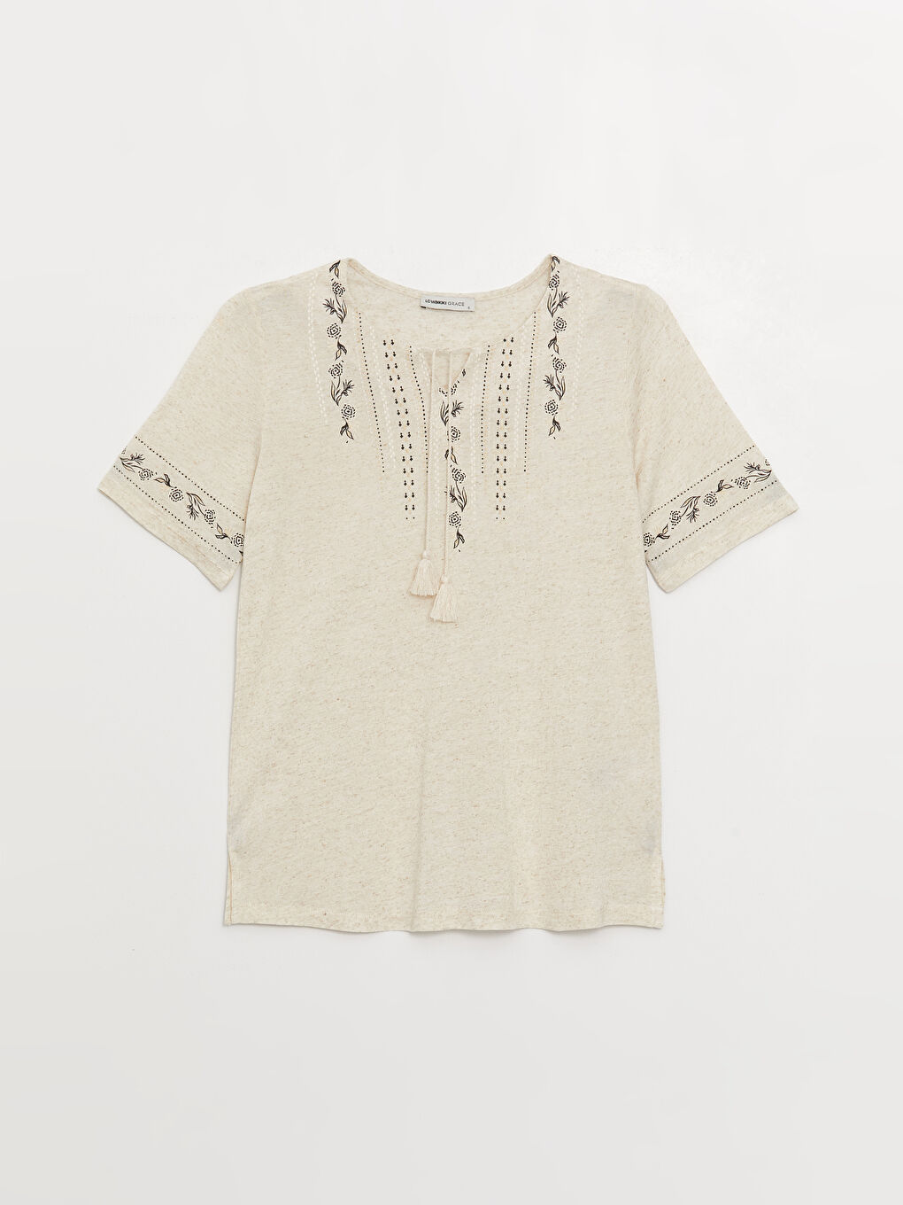 Ekru Bağlamalı Yaka Desenli Kısa Kollu Kadın Bluz-5