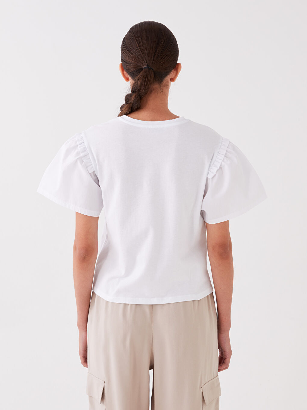 بلوزة نسائية بياقة دائرية سادة بأكمام قصيرة-3