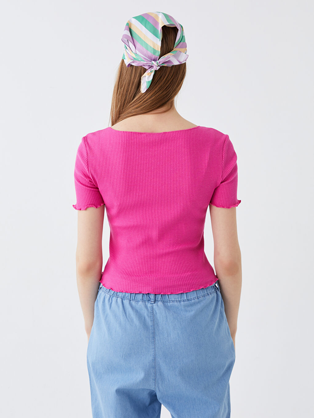 Fuşya V Yaka Düz Kısa Kollu Kadın Crop-4