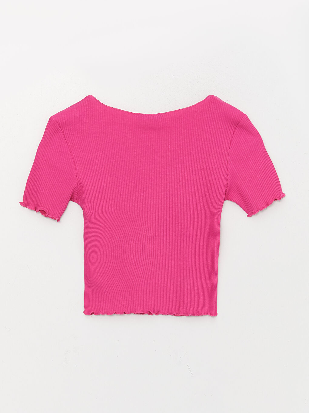 Fuşya V Yaka Düz Kısa Kollu Kadın Crop-6