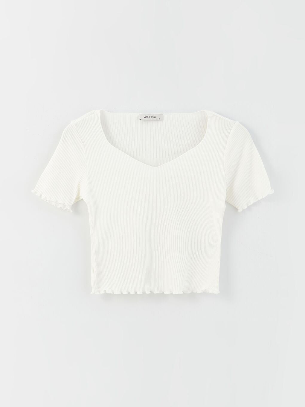 Ekru V Yaka Düz Kısa Kollu Kadın Crop-5