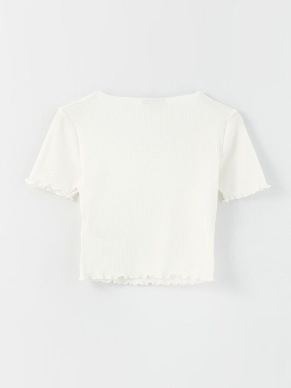 Ekru V Yaka Düz Kısa Kollu Kadın Crop-6