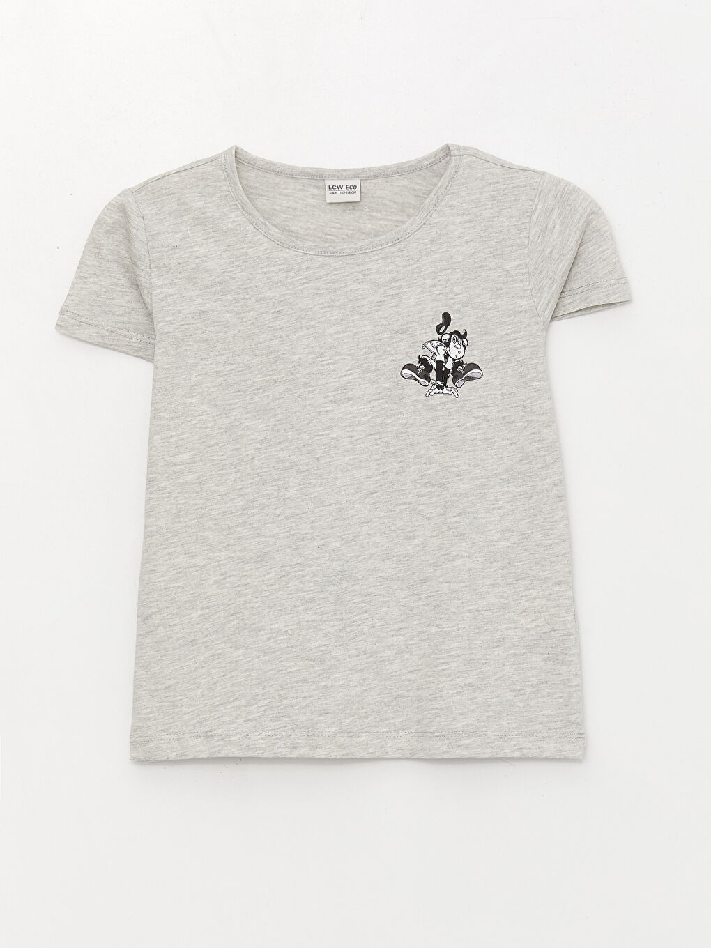 Gri Bisiklet Yaka Nostaljik Maymun Baskılı Kısa Kollu Kız Çocuk Tişört