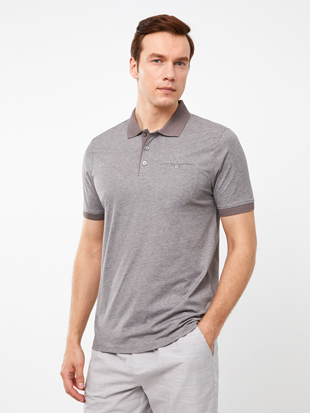 Ерлерге арналған мерсерленген поло жағалы қысқа жең футболка-1