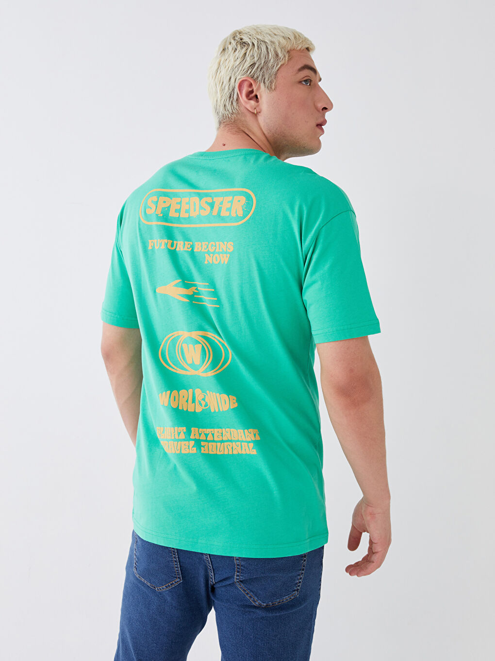 Yeşil Bisiklet Yaka Kısa Kollu Baskılı Penye Erkek Tişört