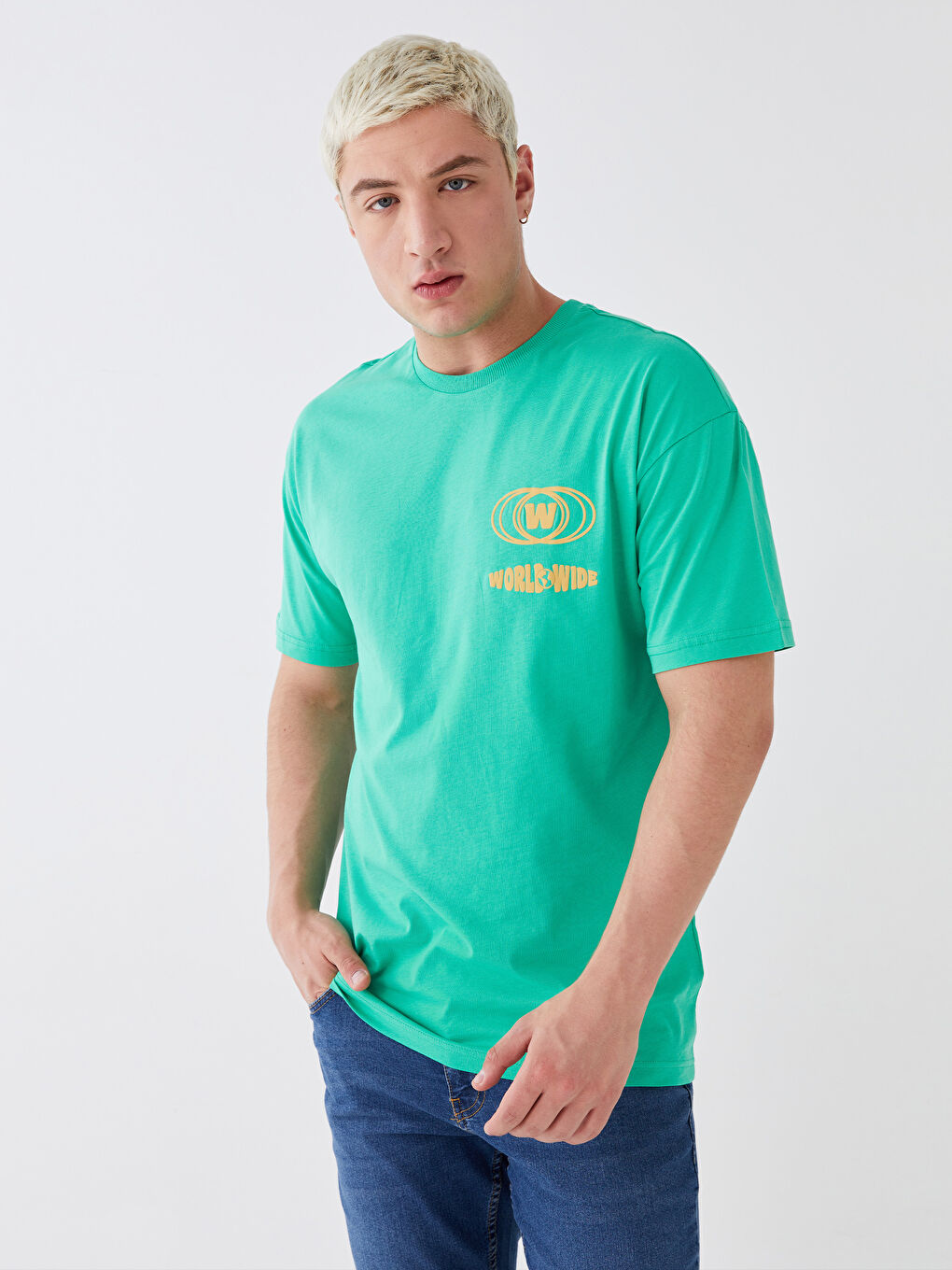 Yeşil Bisiklet Yaka Kısa Kollu Baskılı Penye Erkek Tişört-1