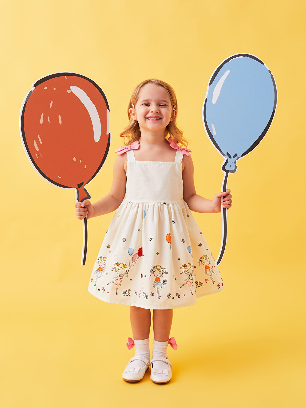 Ekru Kare Yaka Askılı Baskılı Kız Bebek Elbise-1