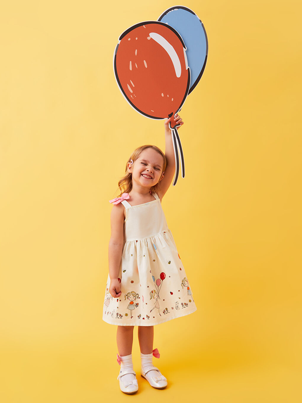 Ekru Kare Yaka Askılı Baskılı Kız Bebek Elbise-2