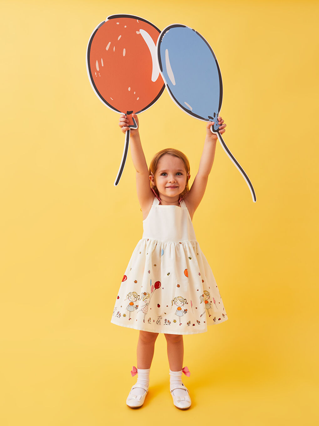 Ekru Kare Yaka Askılı Baskılı Kız Bebek Elbise-3