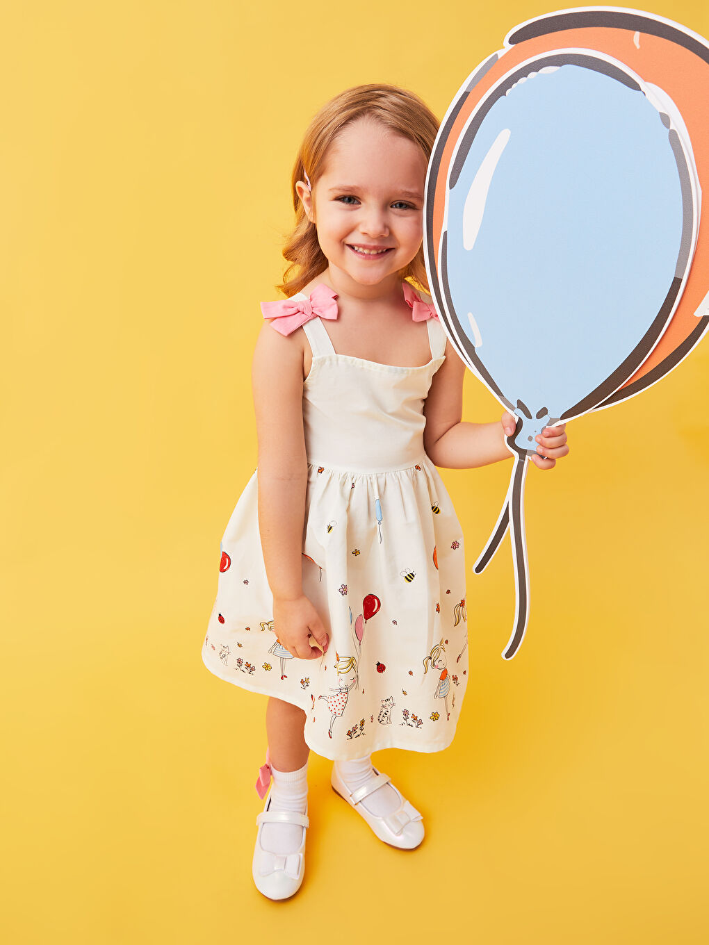 Ekru Kare Yaka Askılı Baskılı Kız Bebek Elbise-4