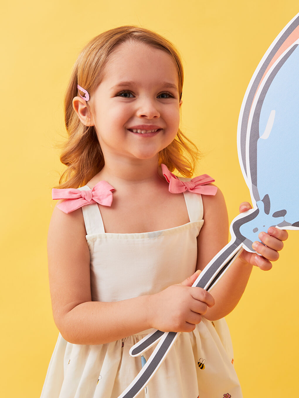 Ekru Kare Yaka Askılı Baskılı Kız Bebek Elbise-5