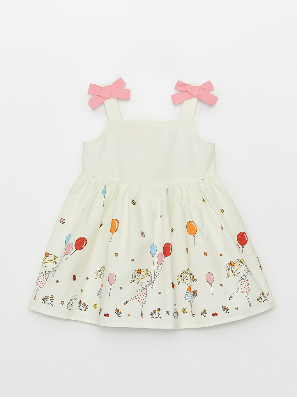 Ekru Kare Yaka Askılı Baskılı Kız Bebek Elbise-6