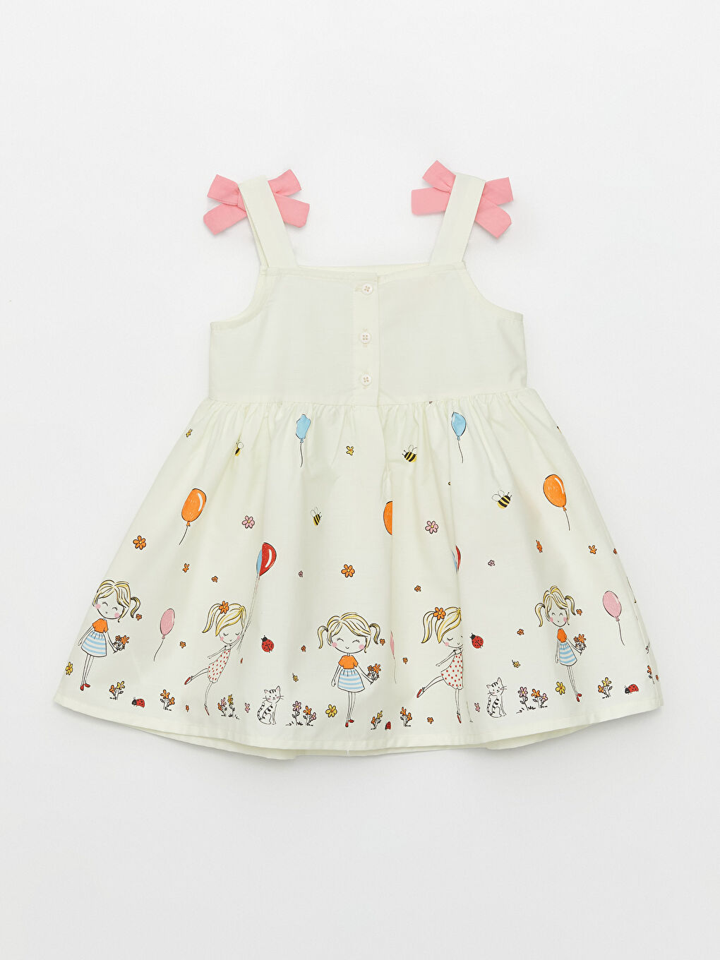 Ekru Kare Yaka Askılı Baskılı Kız Bebek Elbise-7