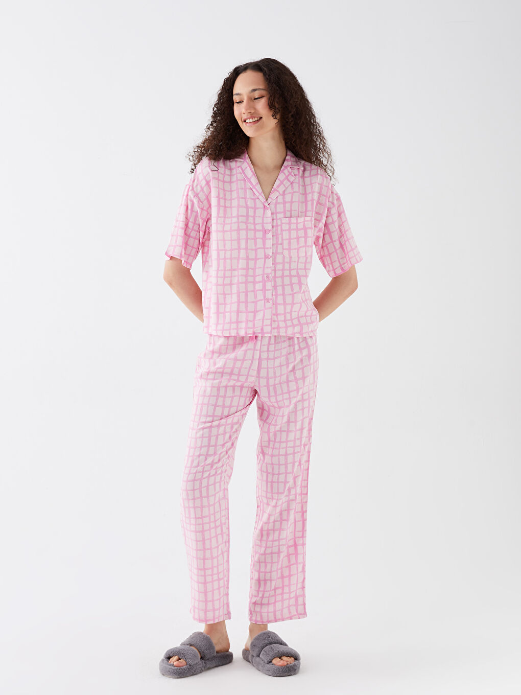 Shirt Collar Patterned Short Sleeve Women's Pajamas Set -S3GQ31Z8-LT4