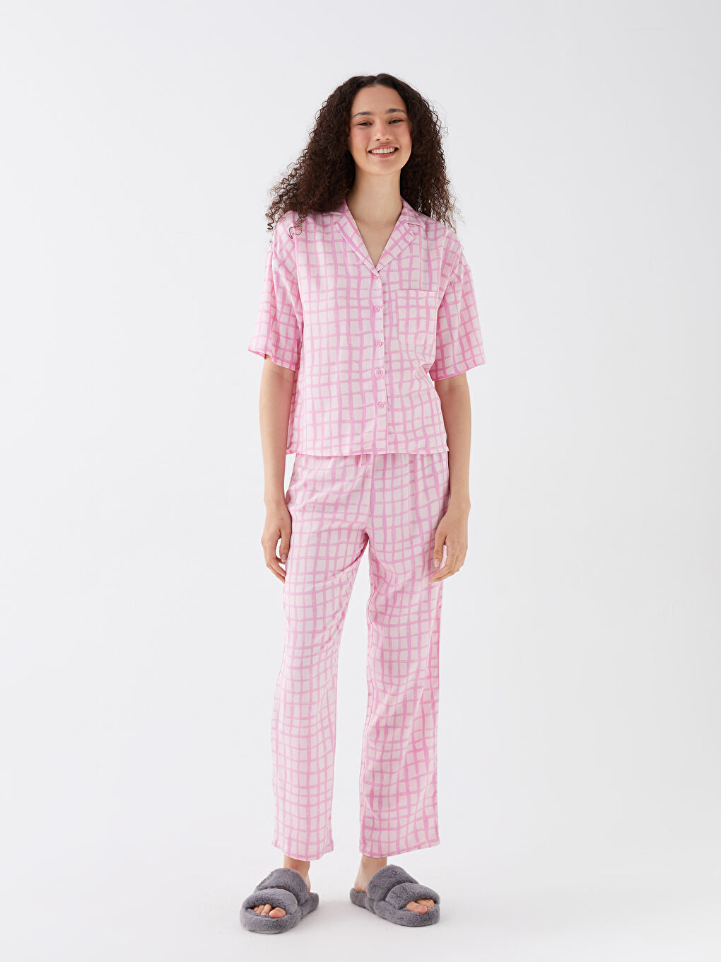 Shirt Collar Patterned Short Sleeve Women's Pajamas Set -S3GQ31Z8-LT4