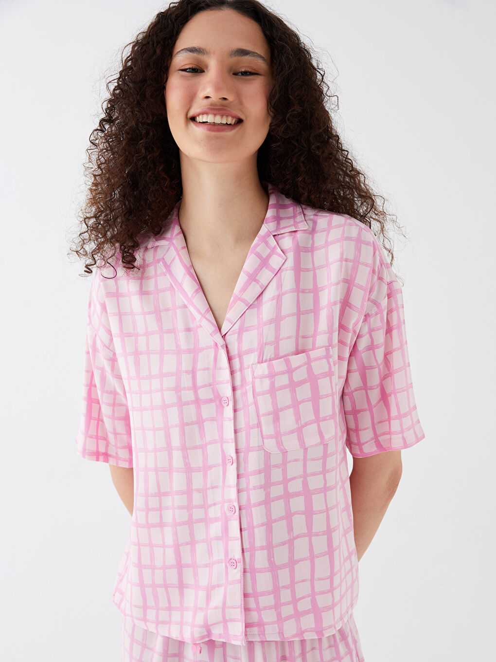 Shirt Collar Patterned Short Sleeve Women's Pajamas Set -S3GQ31Z8-LT4