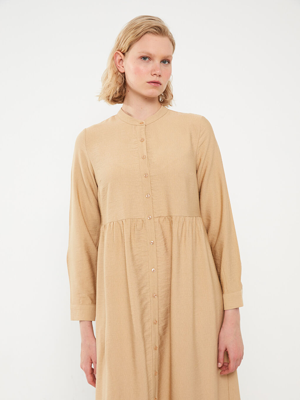 Kahverengi Hakim Yaka Düz Uzun Kollu Kadın Elbise-2