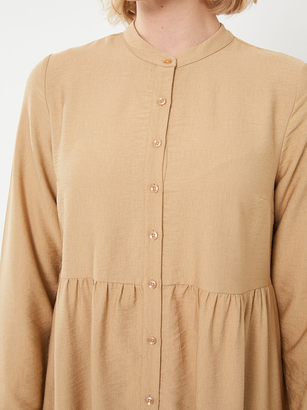 Kahverengi Hakim Yaka Düz Uzun Kollu Kadın Elbise-3