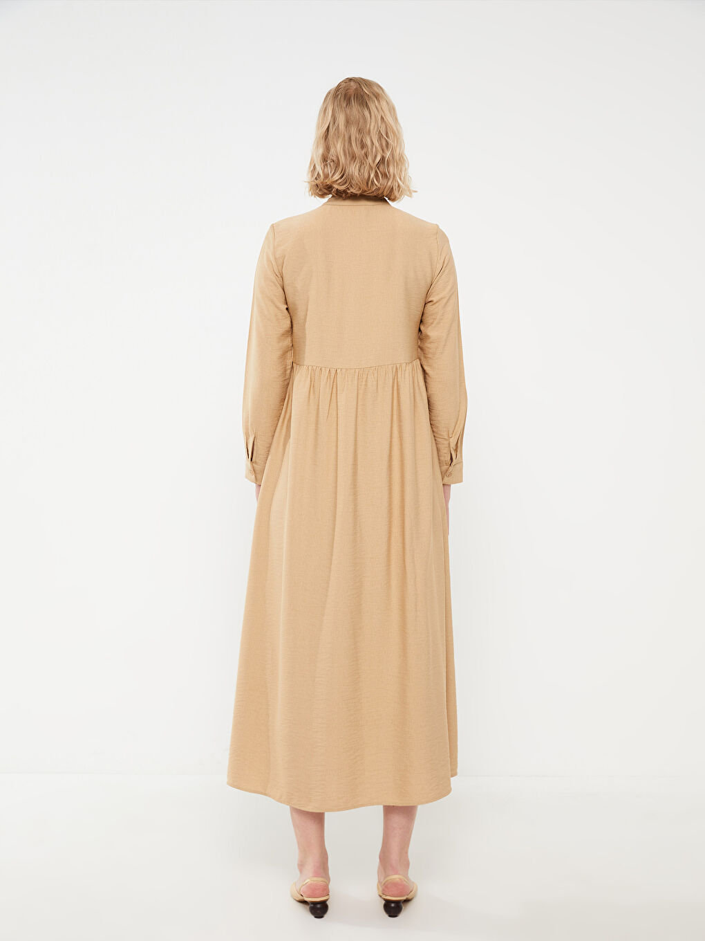 Kahverengi Hakim Yaka Düz Uzun Kollu Kadın Elbise-4