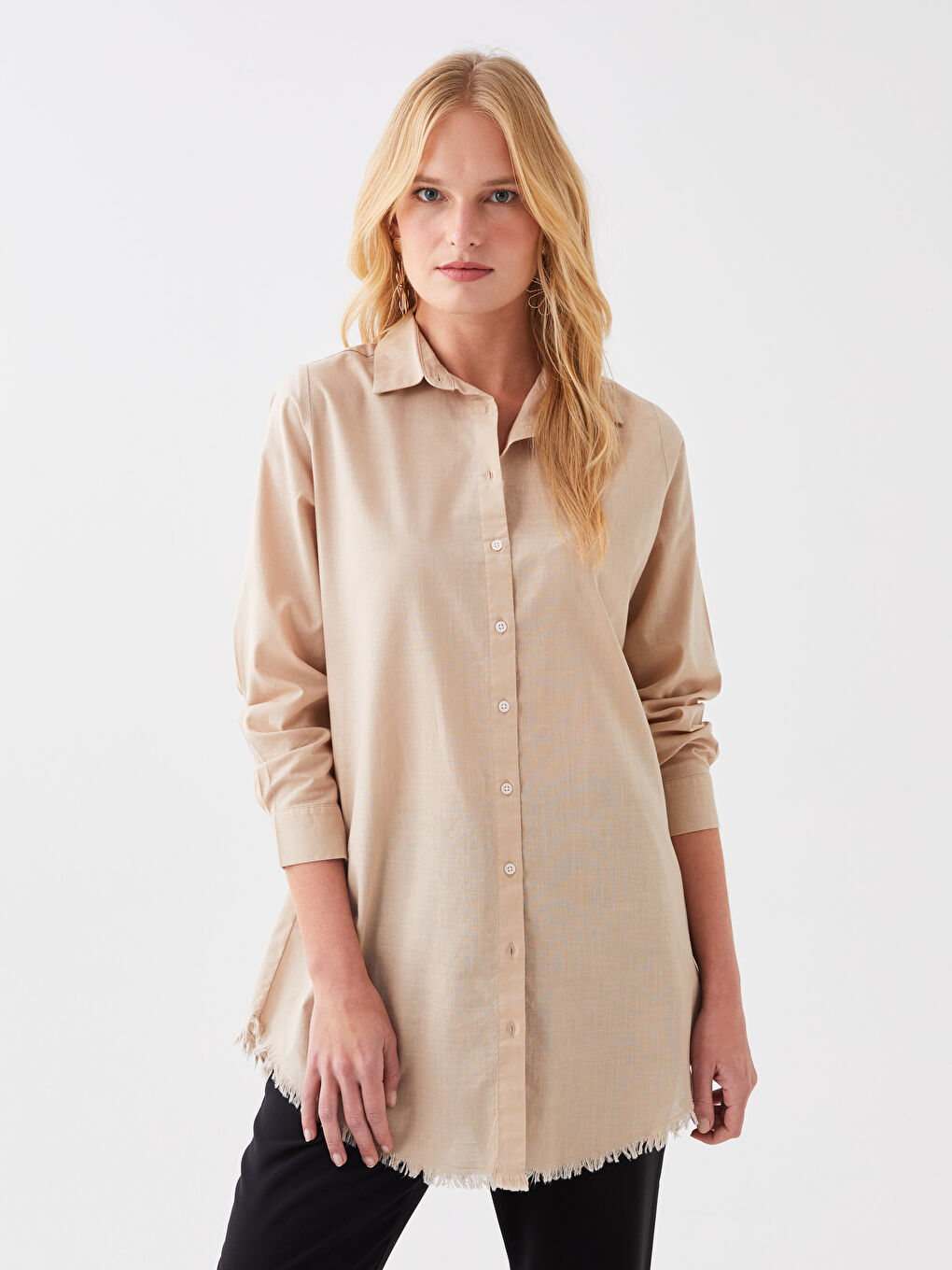 قميص تونيك للسيدات كم طويل سادة-1