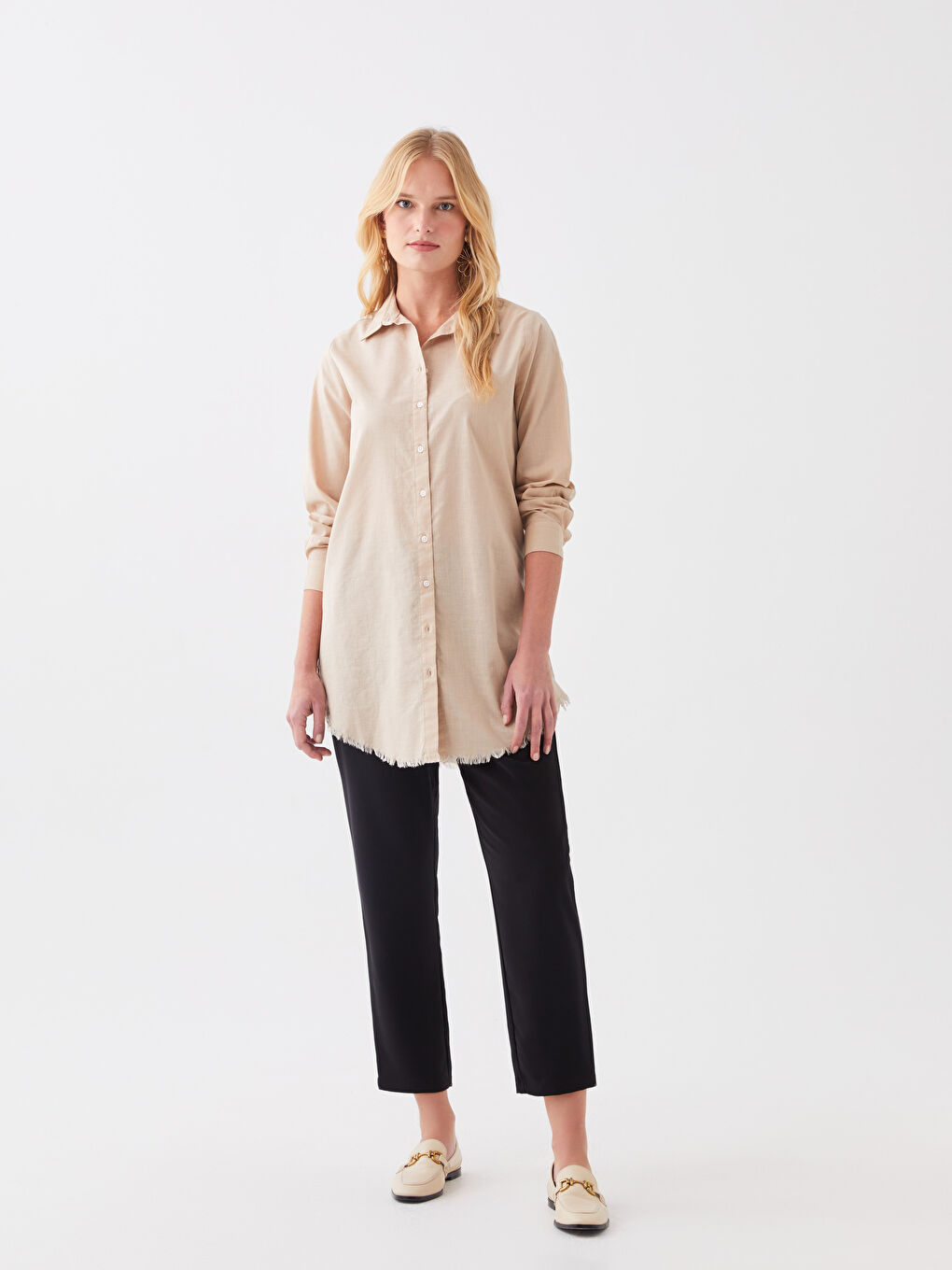 قميص تونيك للسيدات كم طويل سادة-2