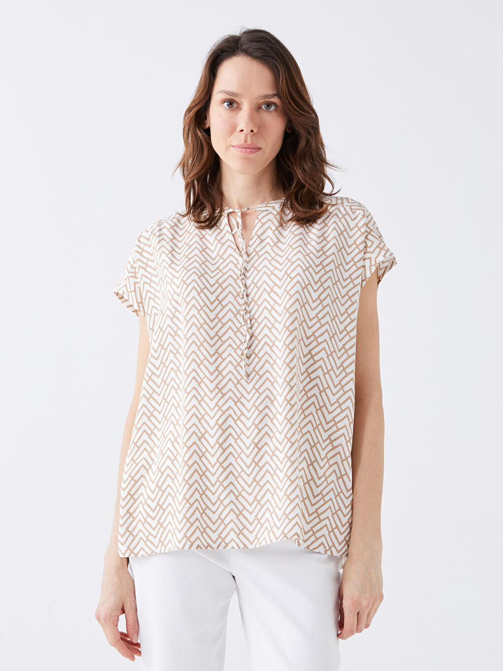 Bluza s vezanjem oko vrata, uzorkovana, kratki rukav za žene-1