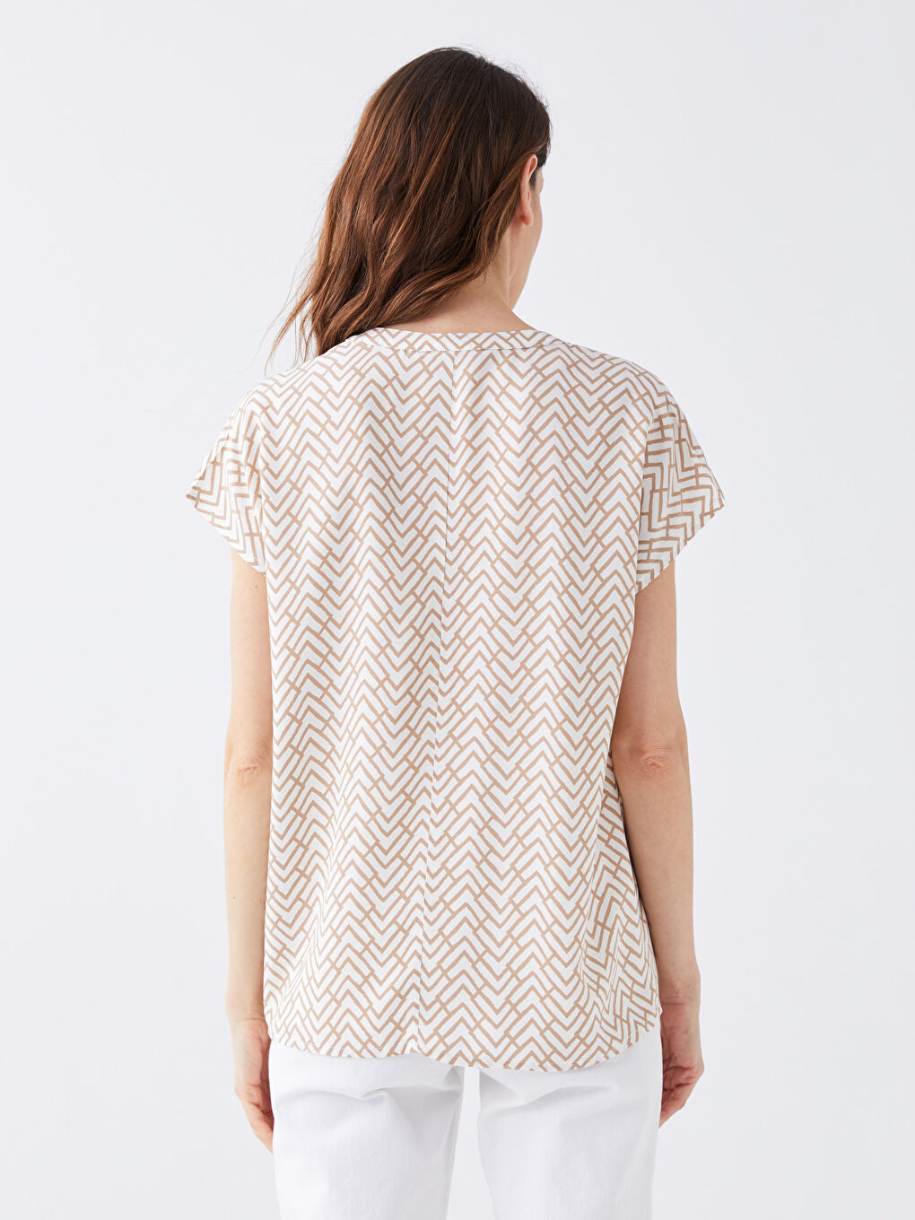 Bluza s vezanjem oko vrata, uzorkovana, kratki rukav za žene-4