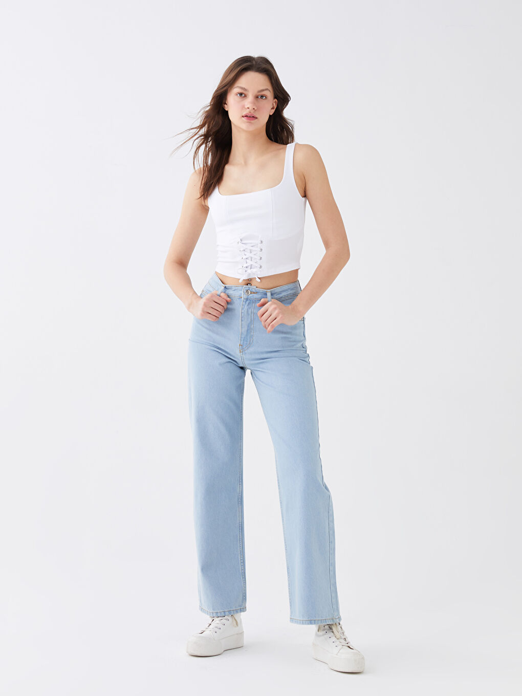 Mavi Yüksek Bel Wideleg Kadın Jean Pantolon