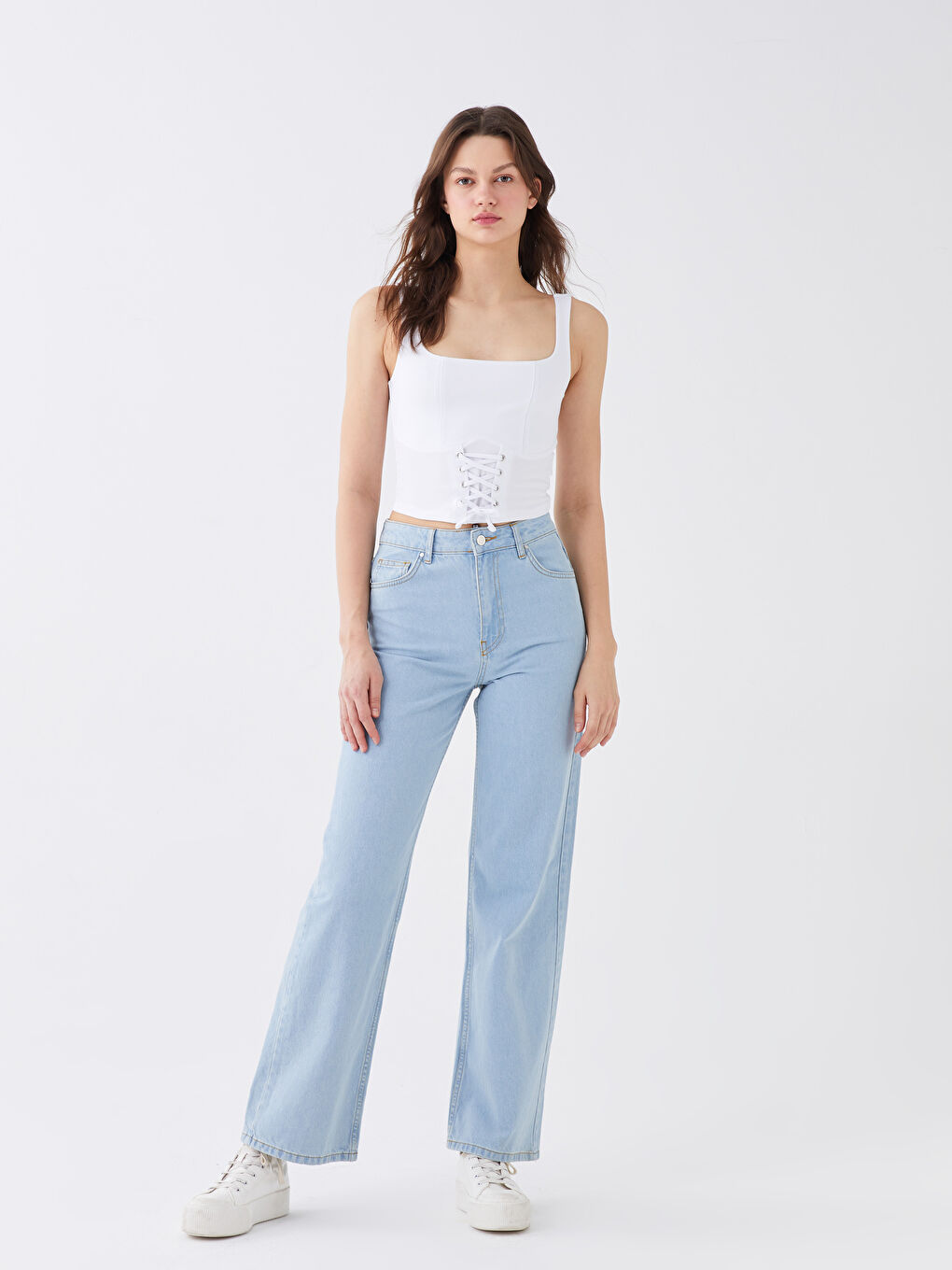 Mavi Yüksek Bel Wideleg Kadın Jean Pantolon-1