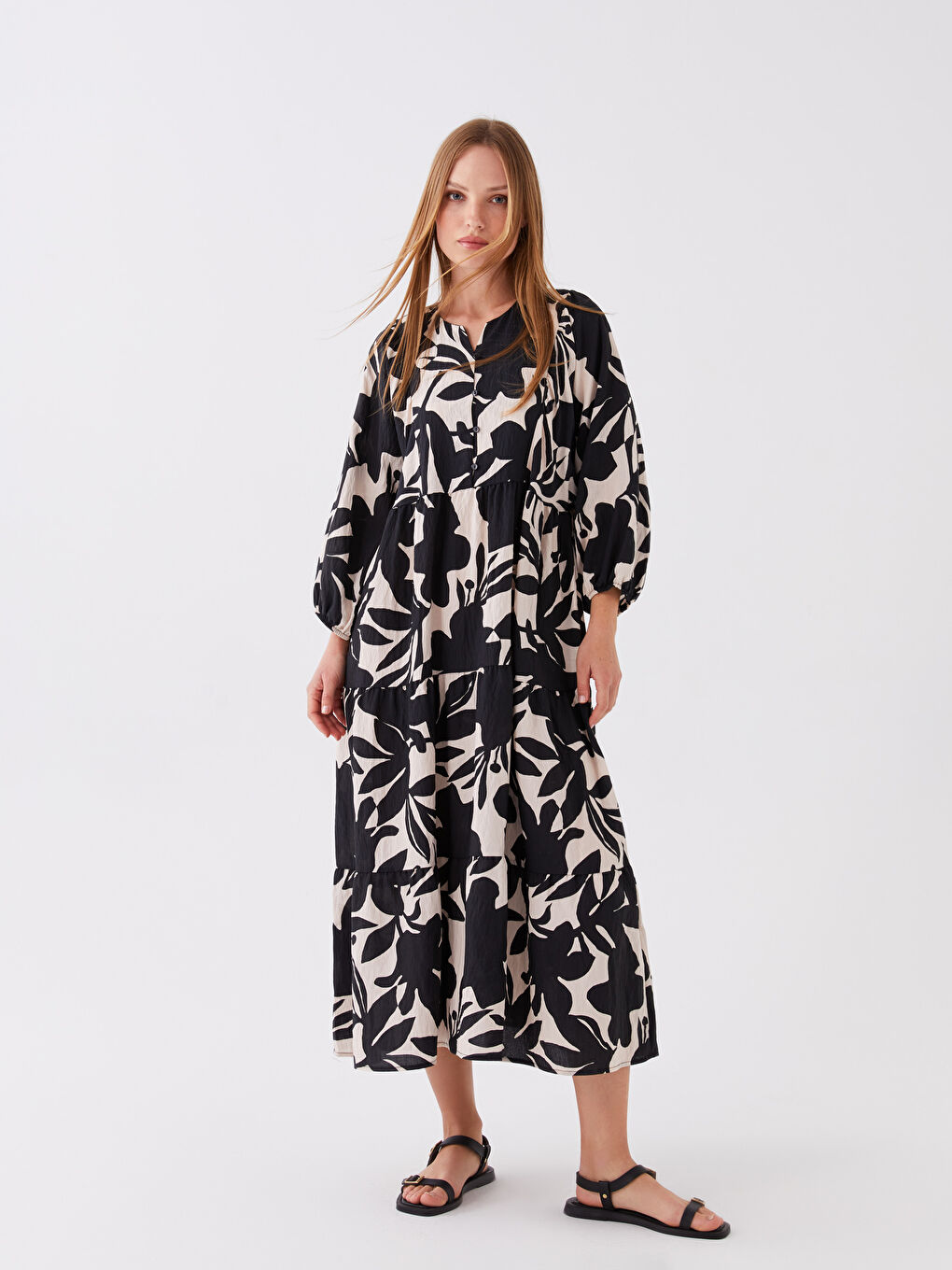 LCWAIKIKI Classic Henley Neckline Patterned Oversized Women's Dress -S3GQ86Z8-LRA