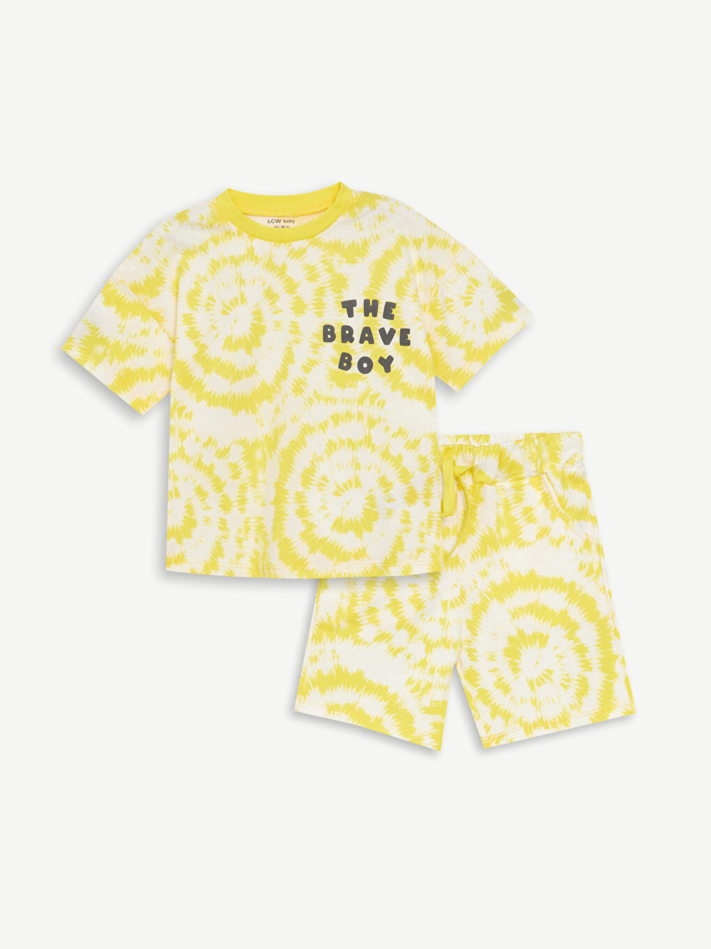 Sarı Bisiklet Yaka Kısa Kollu Desenli Erkek Bebek Tişört ve Şort 2'li Takım