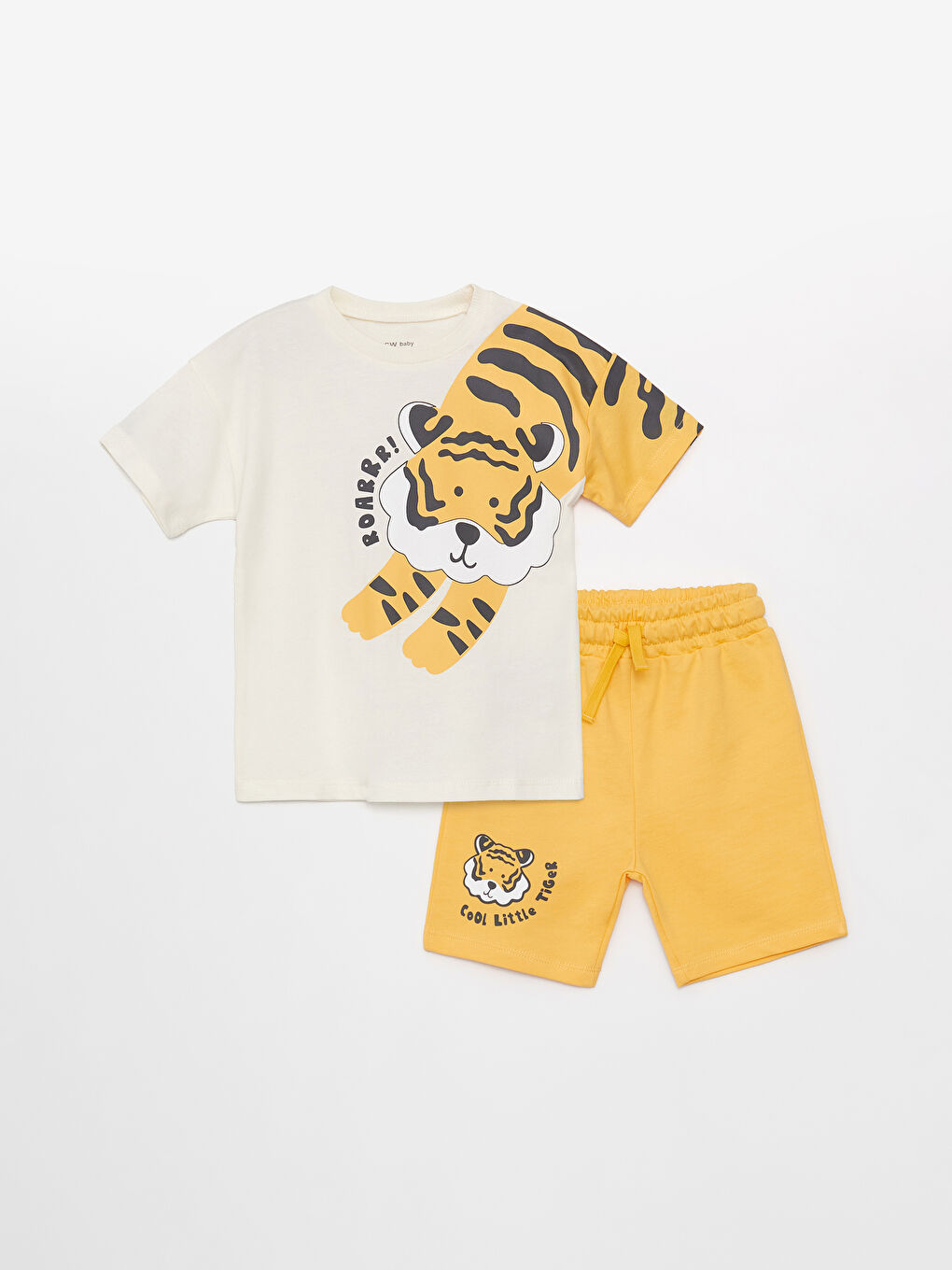 Ekru Bisiklet Yaka Baskılı Erkek Bebek Tişört ve Şort 2'li Takım
