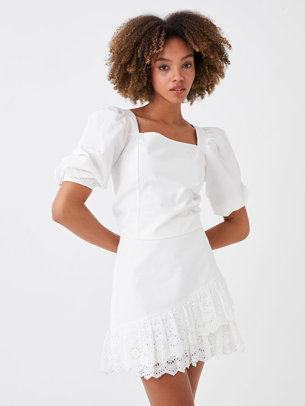 Square Collar Straight Balloon Sleeve Crop Women's Blouse