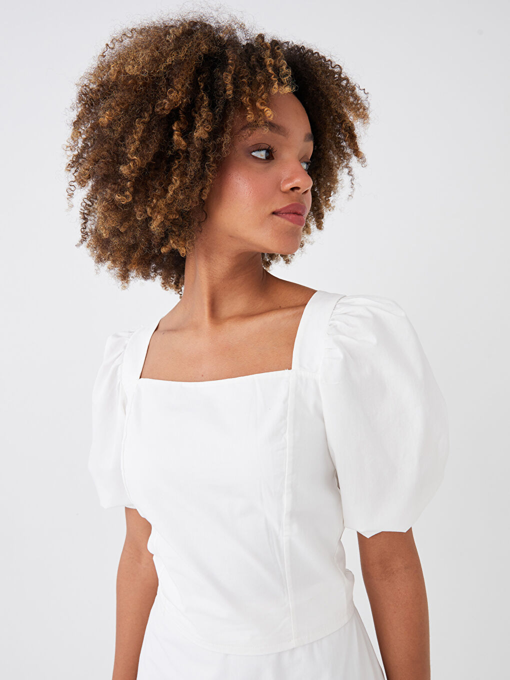 Square Collar Straight Balloon Sleeve Crop Women's Blouse-1
