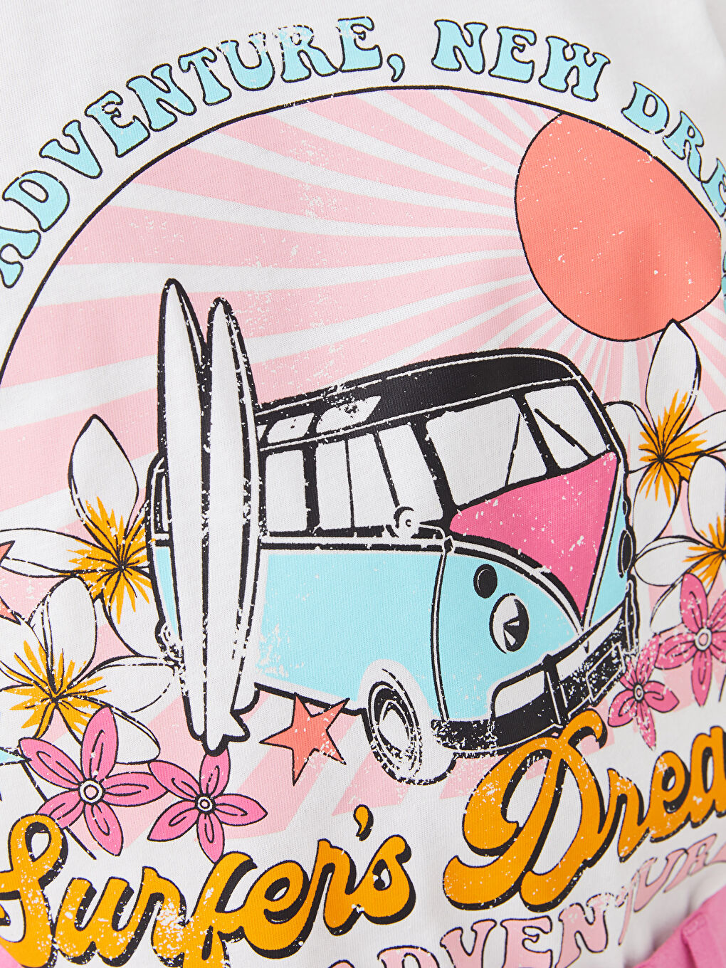 Ekru Bisiklet Yaka Baskılı Kısa Kollu Oversize Kadın Tişört-2