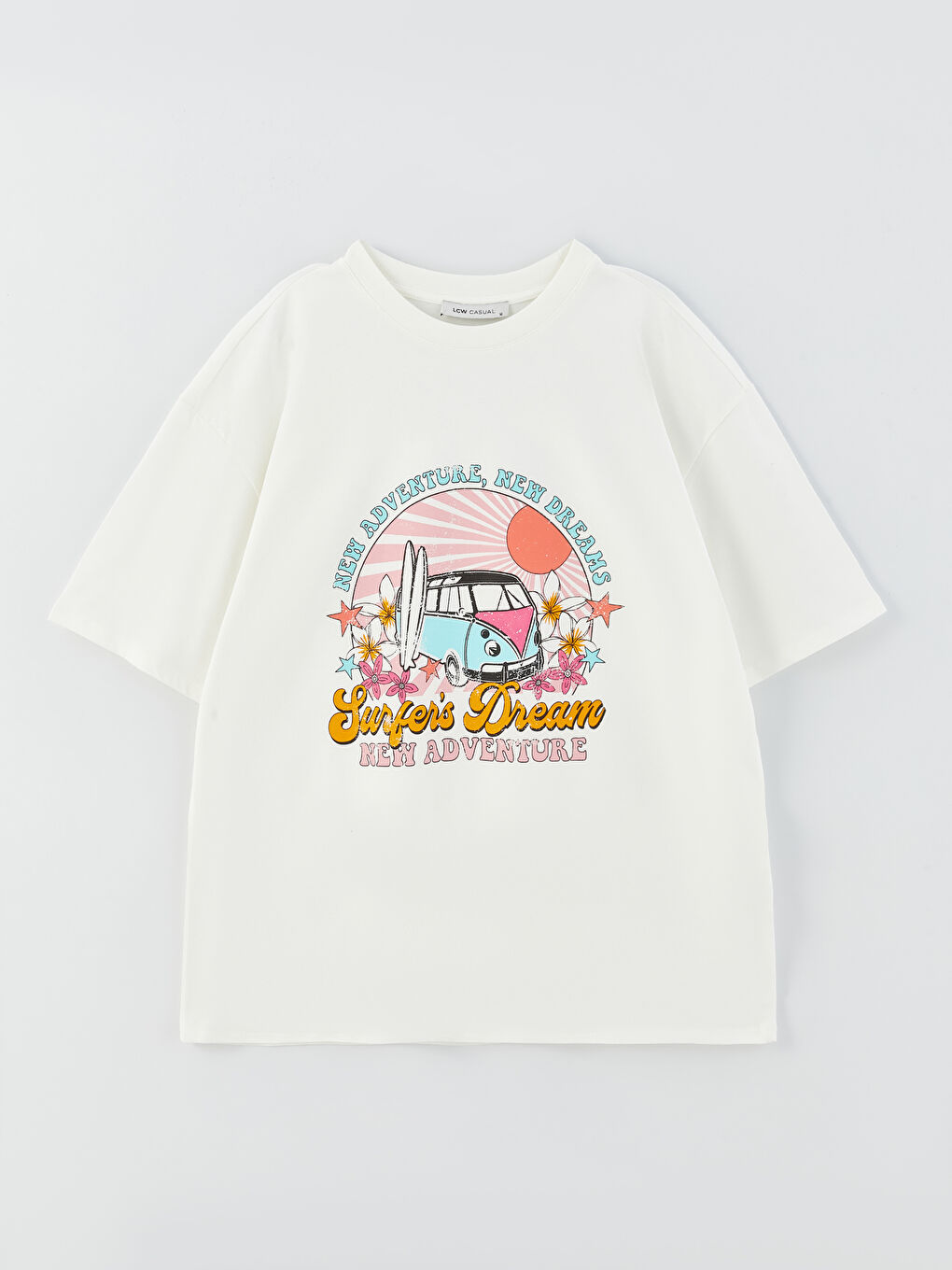 Ekru Bisiklet Yaka Baskılı Kısa Kollu Oversize Kadın Tişört-4