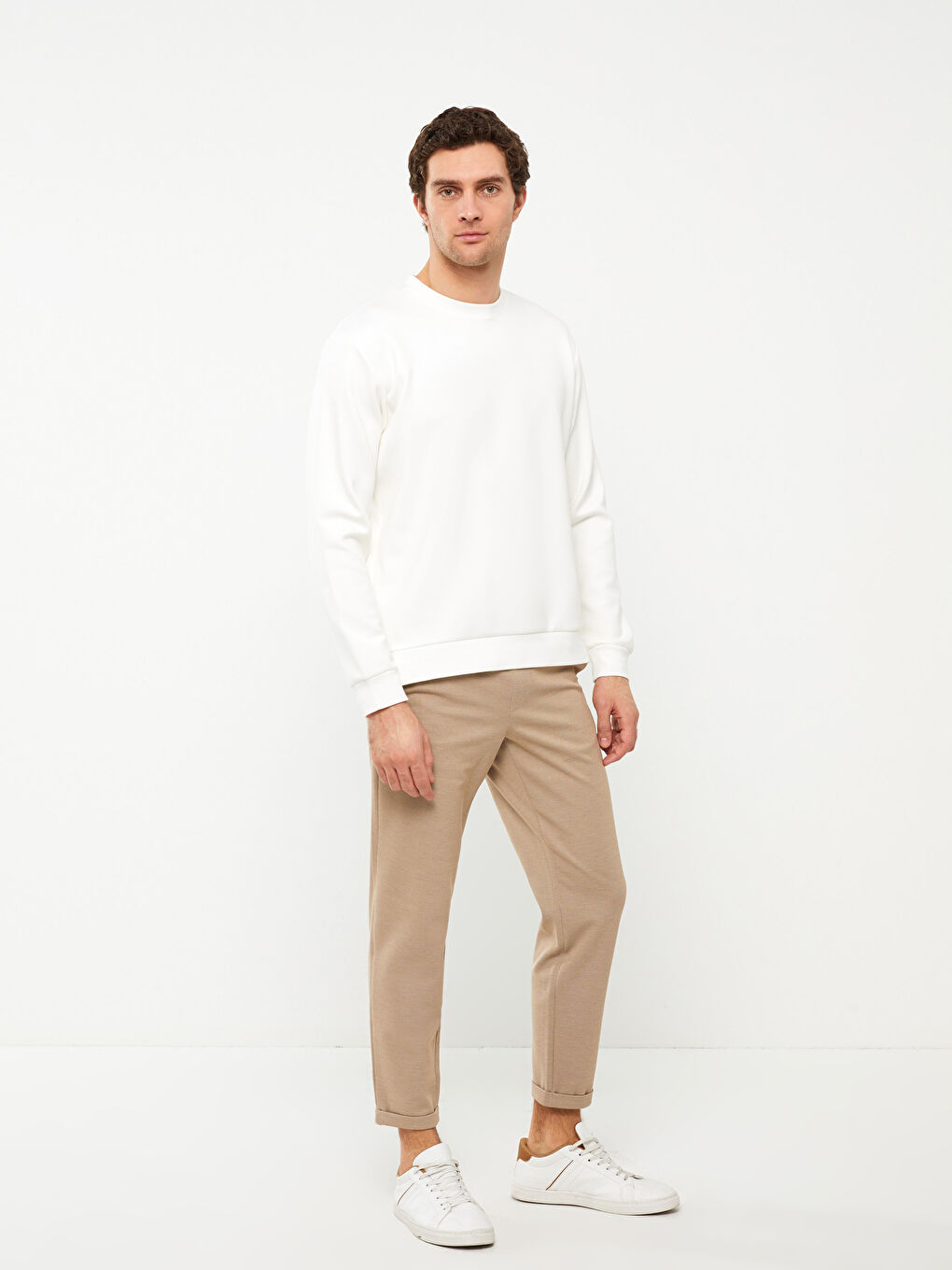 Ekru Bisiklet Yaka Uzun Kollu Erkek Sweatshirt-2