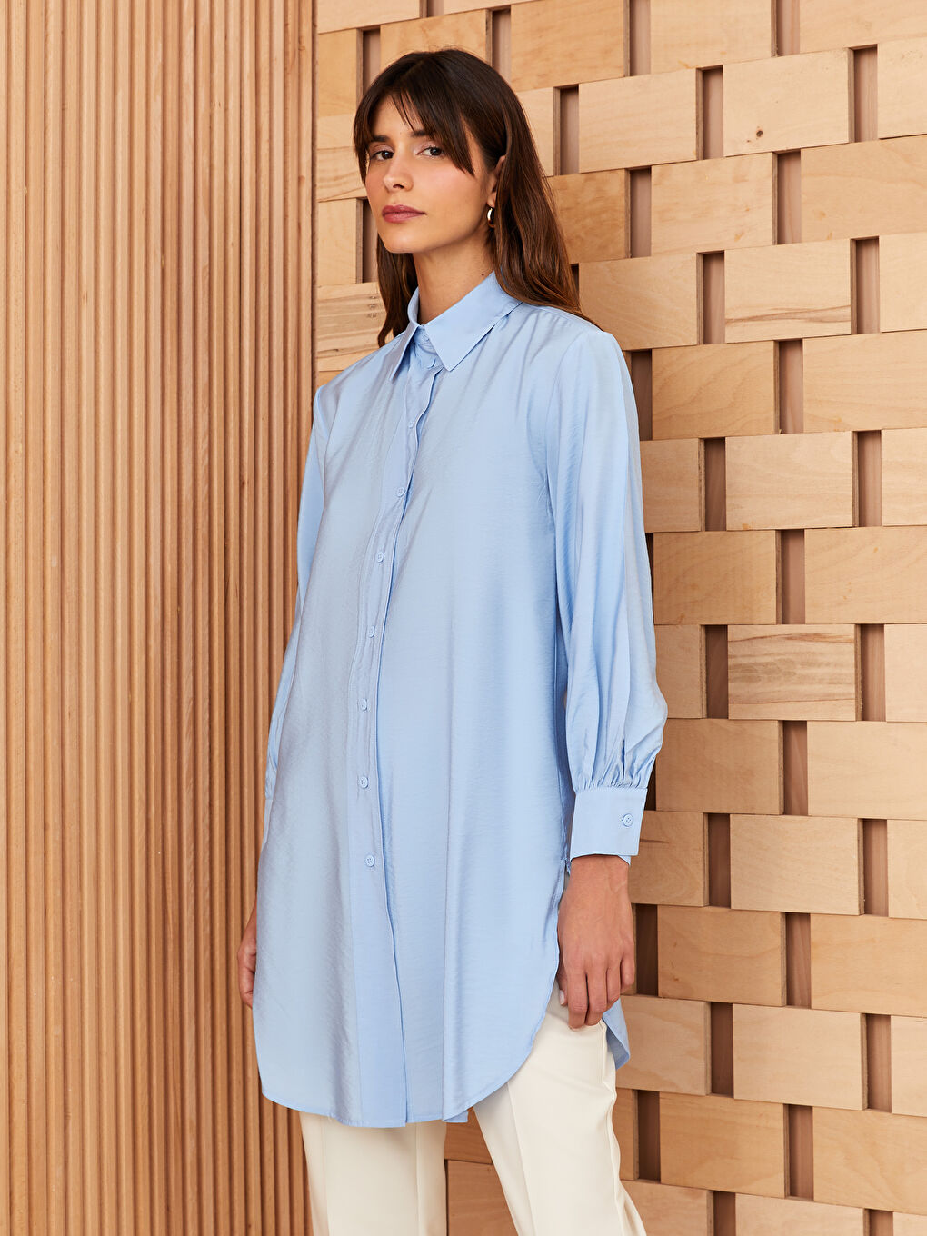 Mavi Düz Uzun Kollu Kadın Gömlek Tunik