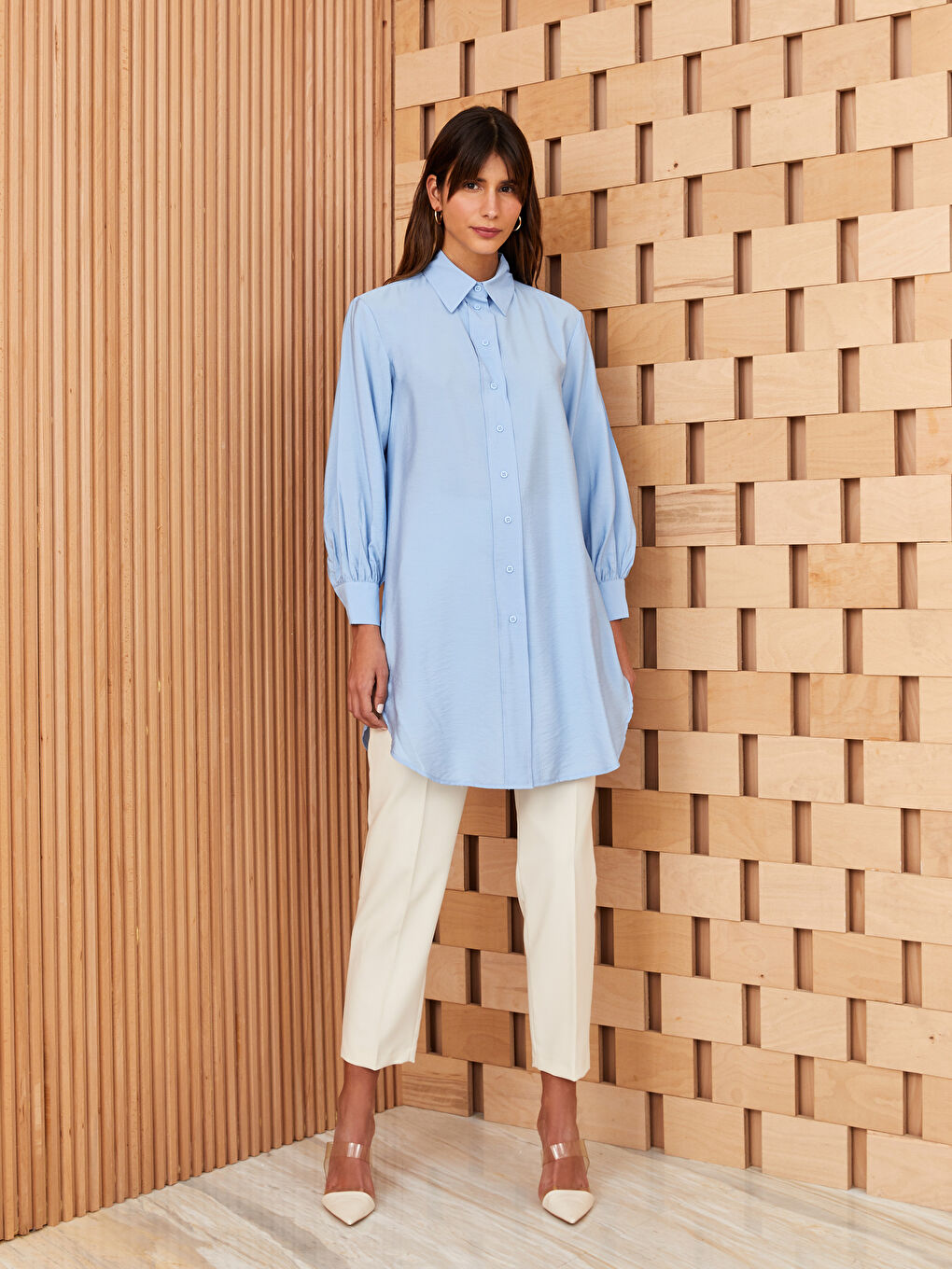 Mavi Düz Uzun Kollu Kadın Gömlek Tunik-1