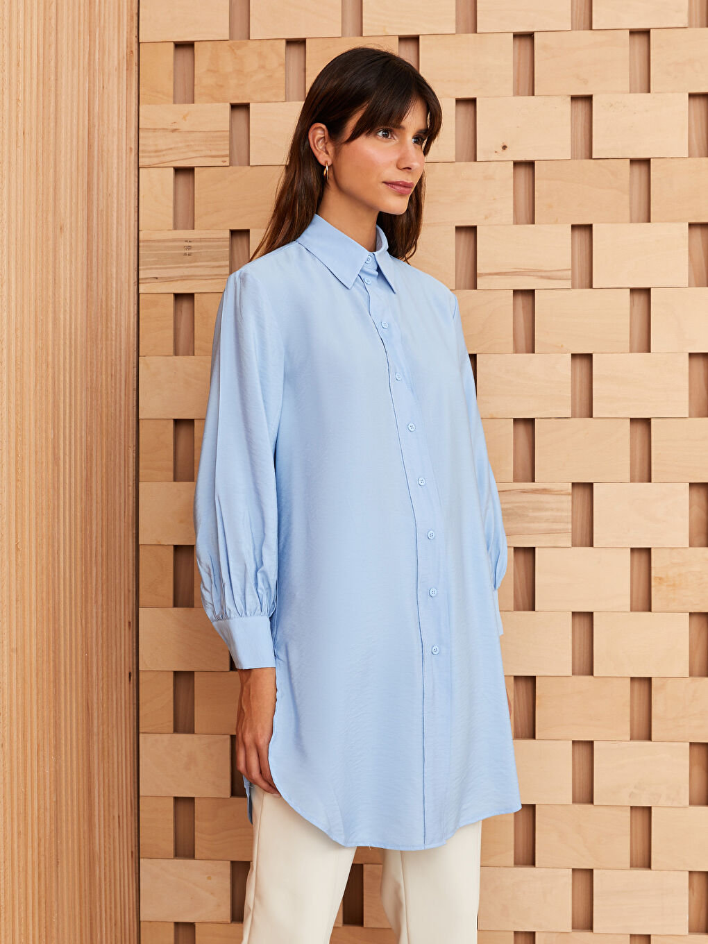 Mavi Düz Uzun Kollu Kadın Gömlek Tunik-2