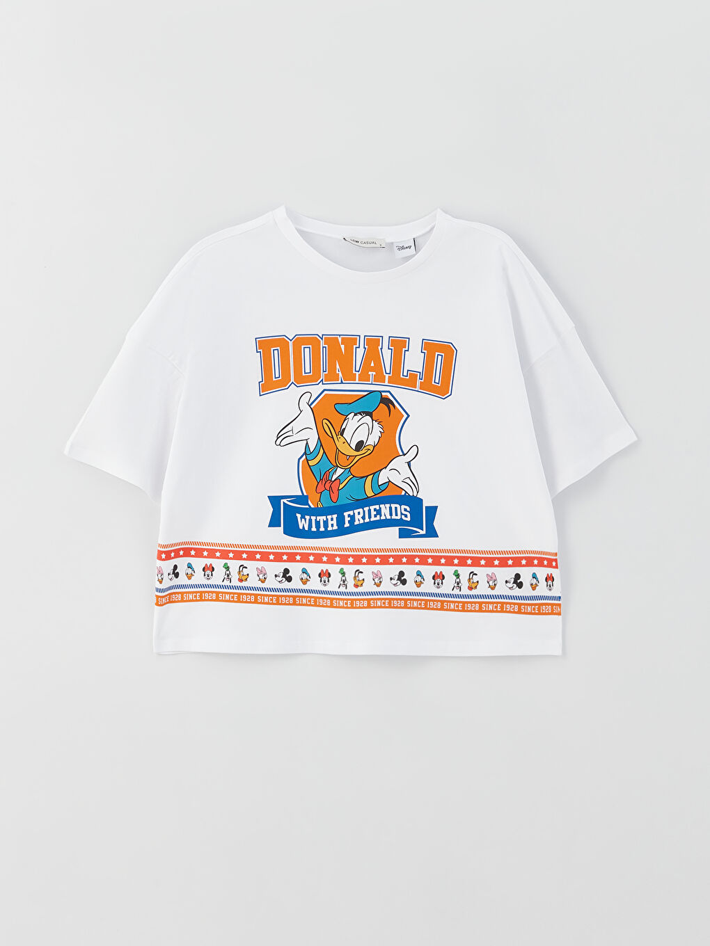 Beyaz Bisiklet Yaka Donald Duck Baskılı Kısa Kollu Kadın Tişört-5