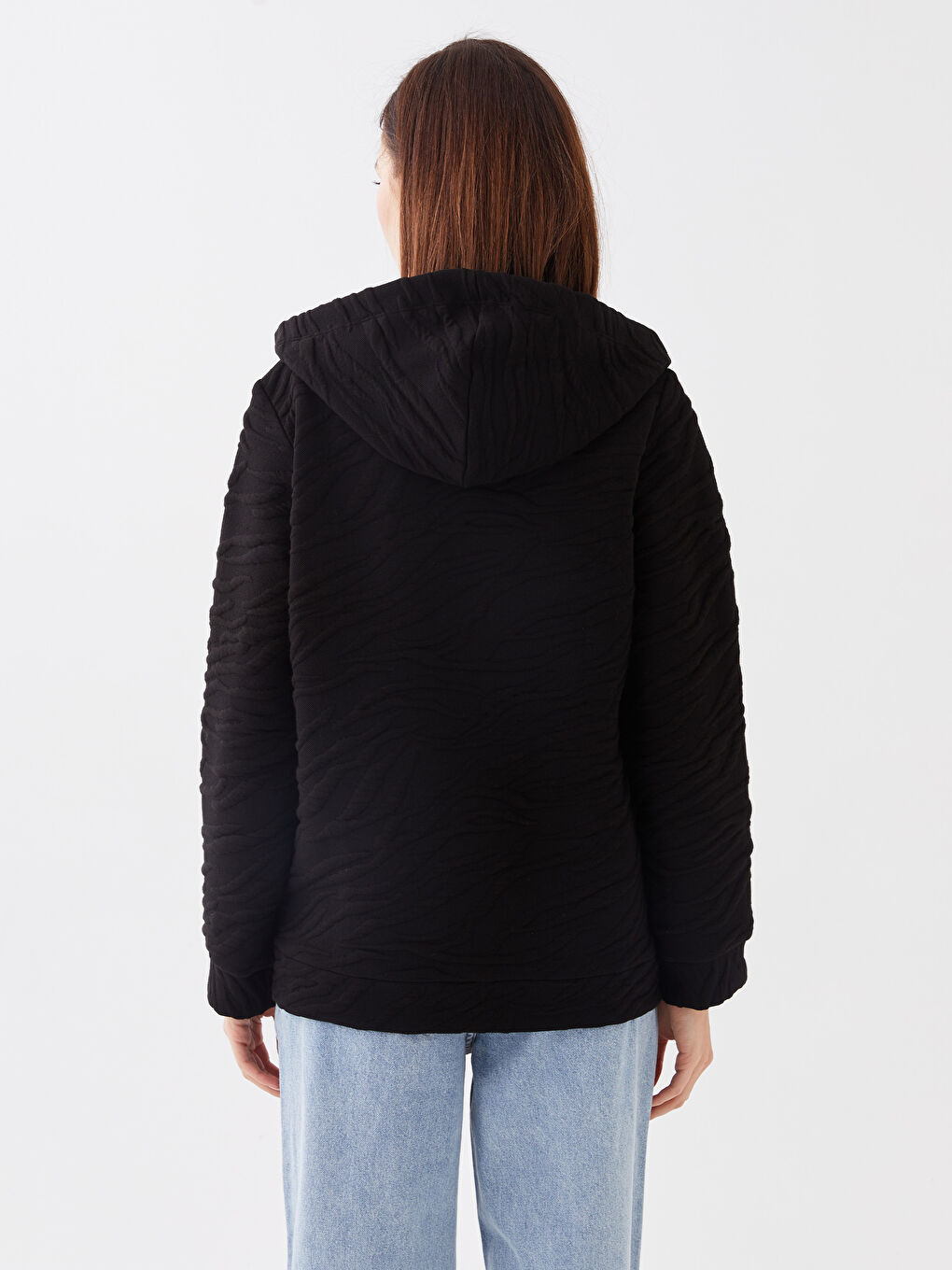 Siyah Kapüşonlu Kendinden Desenli Uzun Kollu Kadın Spor Hırka-5