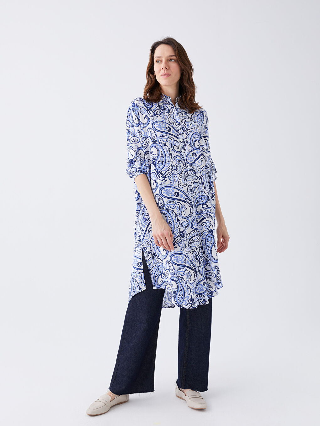 Tunică Cămașă Supradimensionată cu Mânecă Lungă și Model pentru Femei