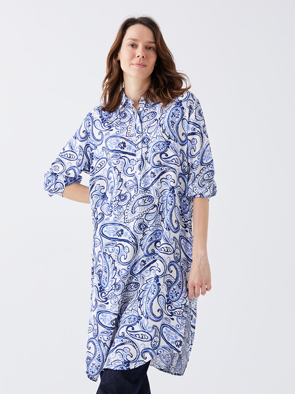 Tunică Cămașă Supradimensionată cu Mânecă Lungă și Model pentru Femei-1